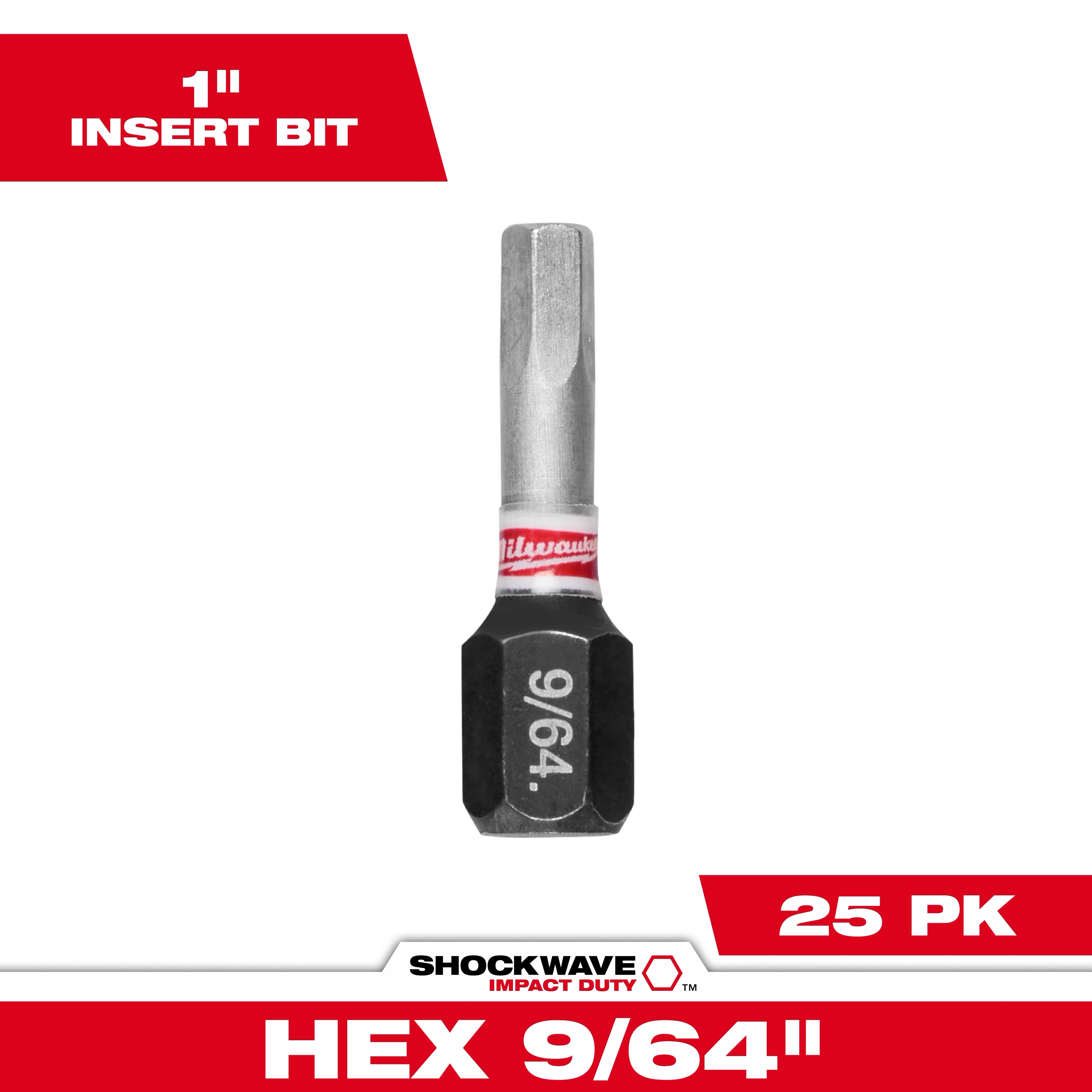 The image shows SHOCKWAVE™ 1-inch Impact Duty Hex 9/64-inch Insert Bits in a 25-pack. The bit, marked with "9/64," is highlighted against a white background with red text detailing its specifications.