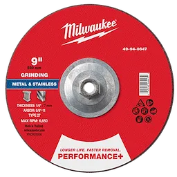 Milwaukee 9"x1/4"x5/8"-11 Performance+ Metal Grinding Wheel Type 27 for metal and stainless, max RPM 6,650, with long life.