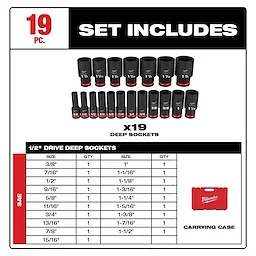 19PC SHOCKWAVE Impact Duty(TM) 1/2" Drive SAE Deep 6 Point Socket Set