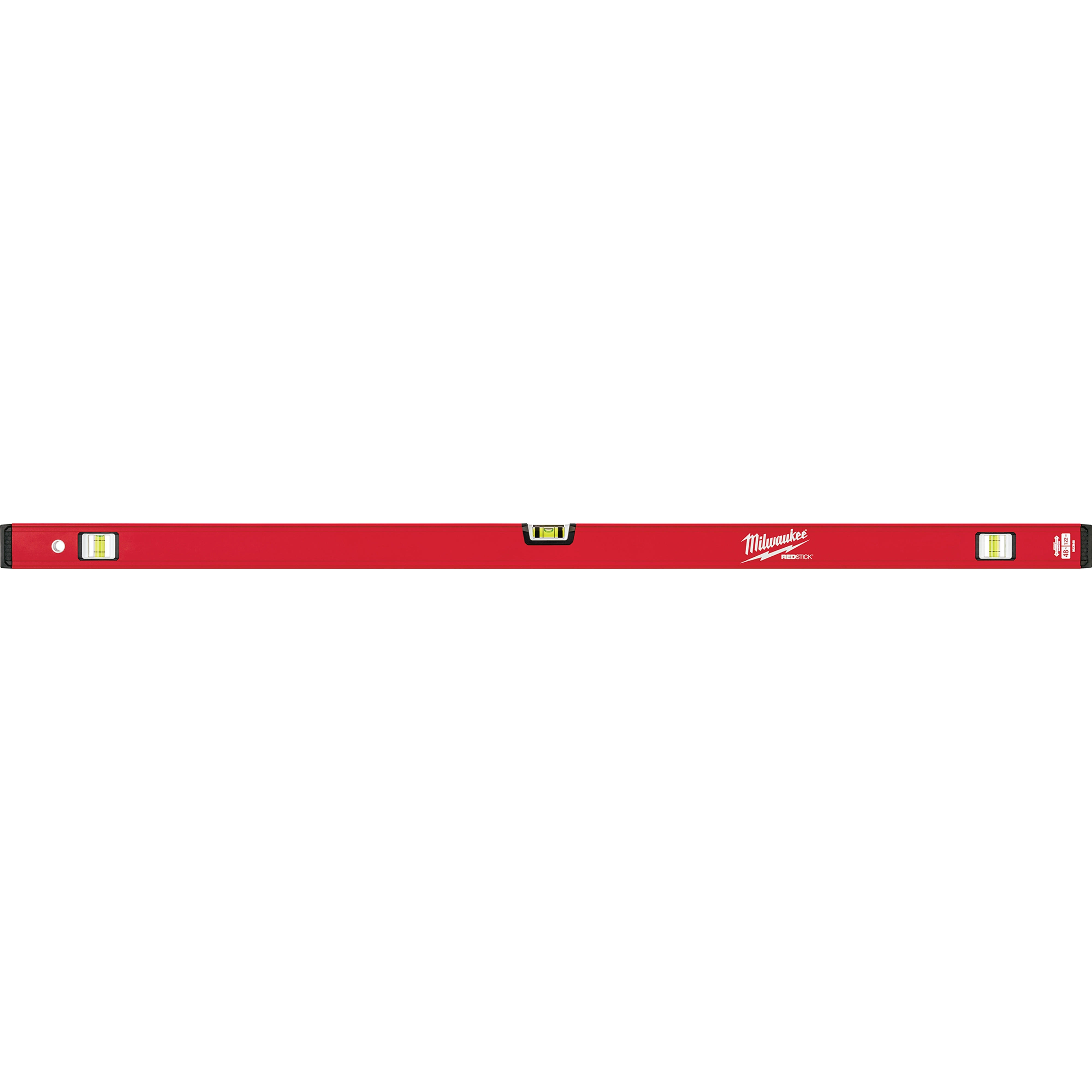 Red REDSTICK Level with three bubble vials, a black central handle, and white brand logo on the right.