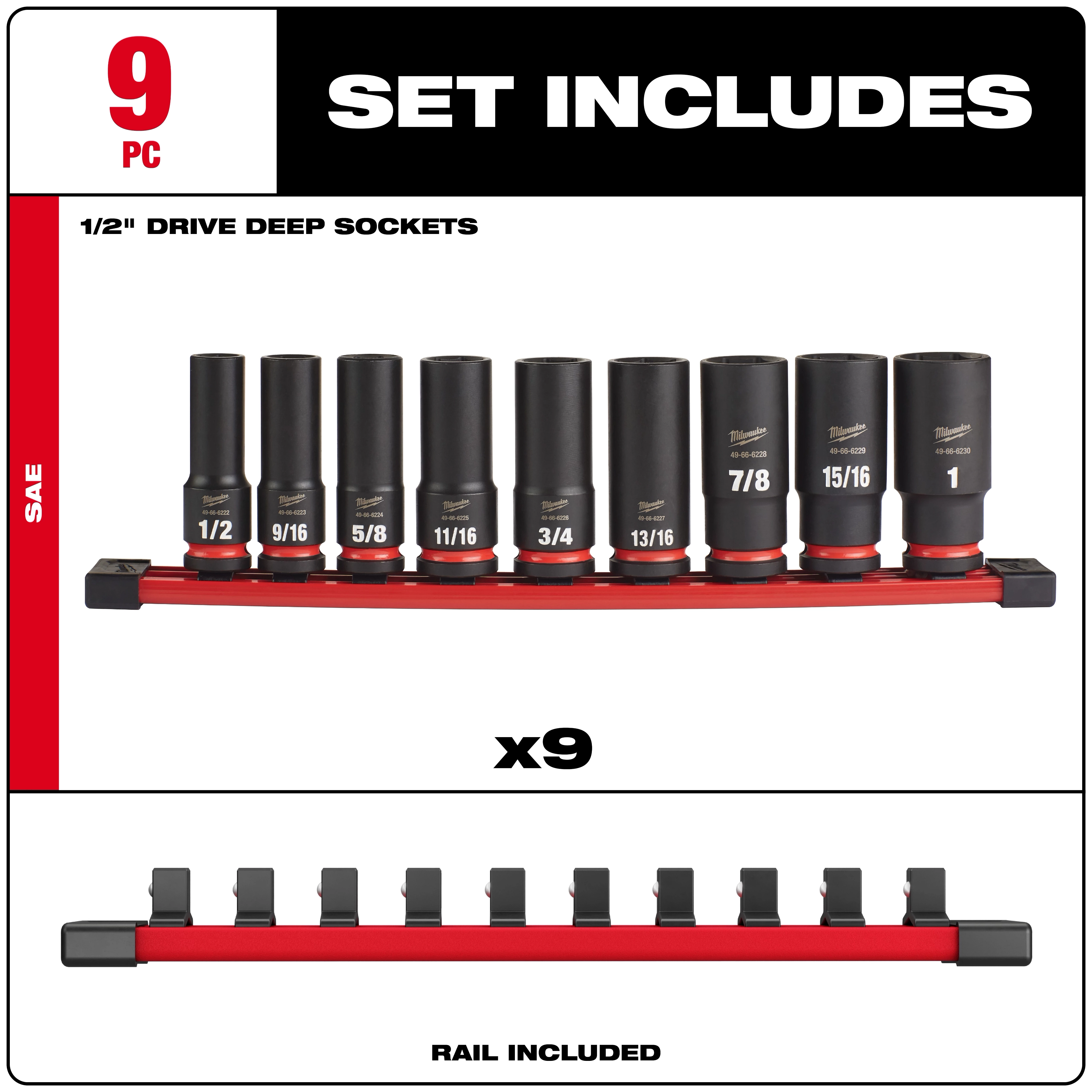 Milwaukee 1/2" Drive Deep Sockets set includes nine deep sockets in sizes ranging from 1/2" to 1". The set comes with a red socket rail for organization, allowing for easy storage and access.