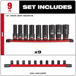 Milwaukee 1/2" Drive Deep Sockets set includes nine deep sockets in sizes ranging from 1/2" to 1". The set comes with a red socket rail for organization, allowing for easy storage and access.