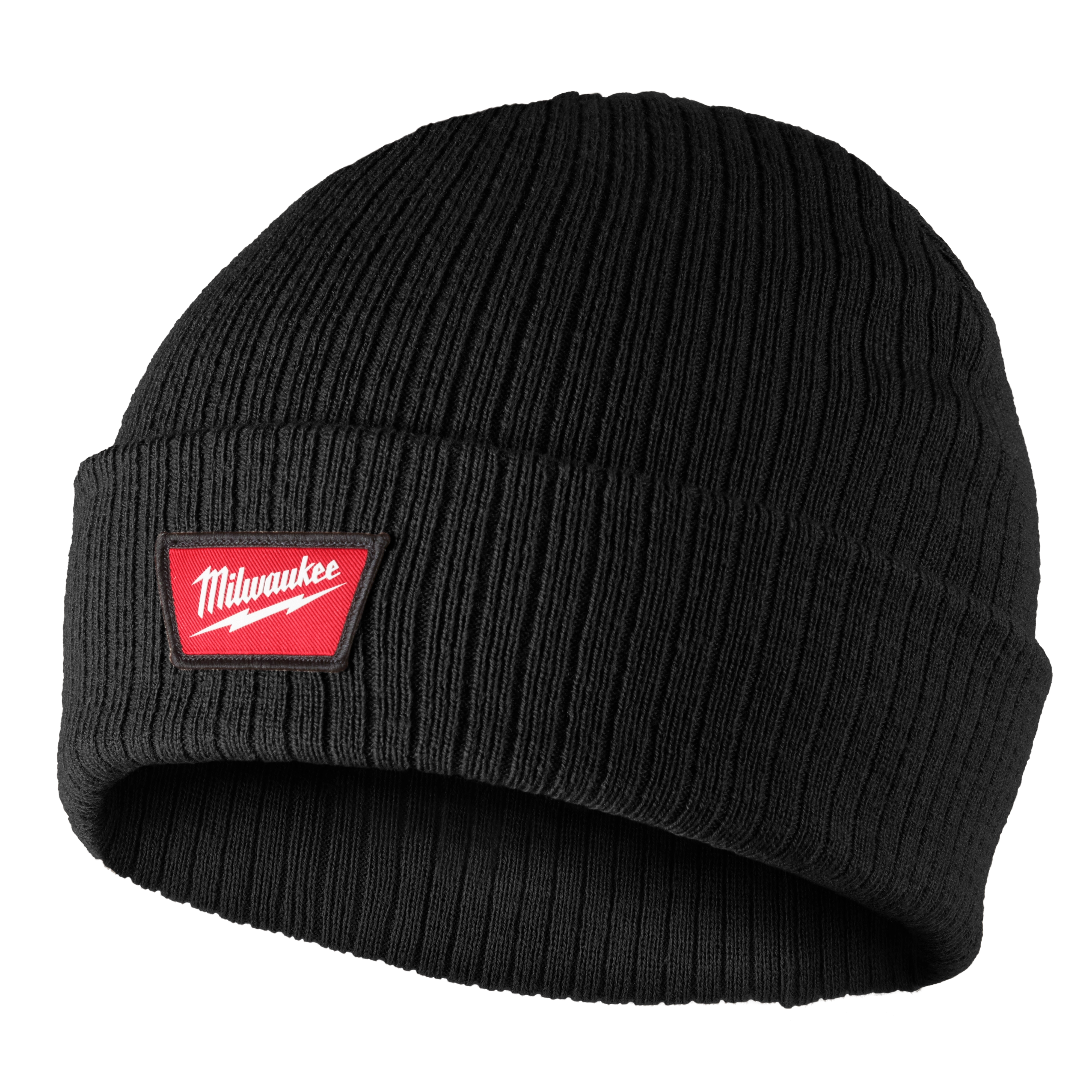 Rib-Knit Cuffed Beanie - Black with a red square patch displaying white text. The beanie is made from ribbed black material.