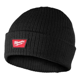 Rib-Knit Cuffed Beanie - Black with a red square patch displaying white text. The beanie is made from ribbed black material.