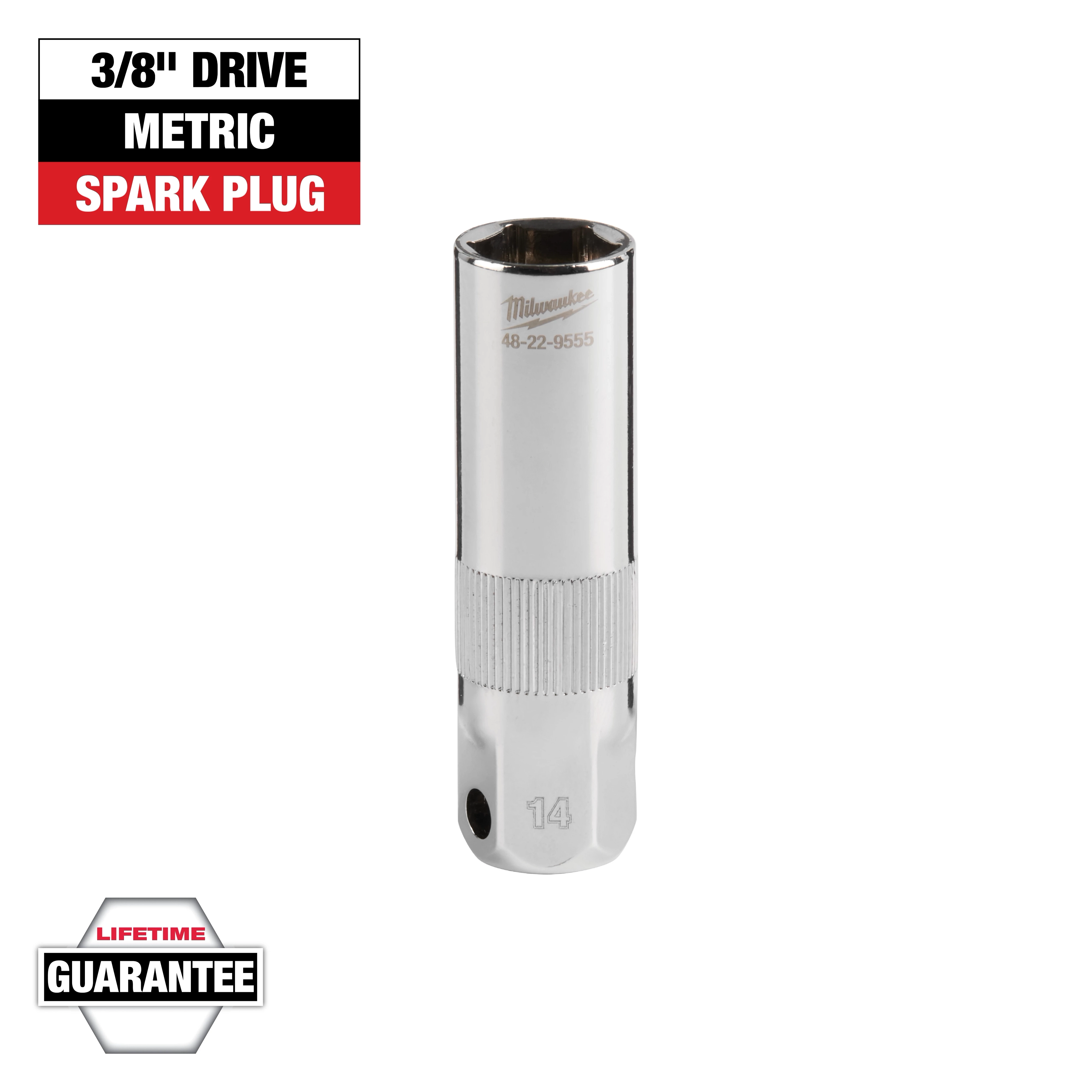 The image shows a Milwaukee 3/8" drive metric spark plug socket with a lifetime guarantee. The socket, model 48-22-9555, is chrome finished with knurling for grip and marked with size "14" at the bottom. Branding and product information are shown in the top left corner.