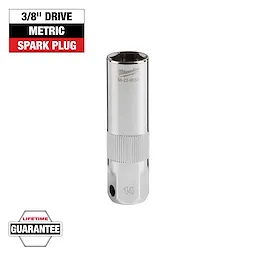 The image shows a Milwaukee 3/8" drive metric spark plug socket with a lifetime guarantee. The socket, model 48-22-9555, is chrome finished with knurling for grip and marked with size "14" at the bottom. Branding and product information are shown in the top left corner.