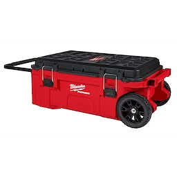 PACKOUT Rolling Tool Chest, a red and black portable storage box with large wheels, side handles, and a pull-out handle.