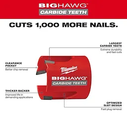 The Big Hawg Walkaround 49-56-9220 is a red carbide hole cutter with features labeled: largest carbide teeth for durability, clearance pocket for chip removal, thicker backer for high demand, and an optimized slot design for fast plug removal. It claims to cut 1,000 more nails.