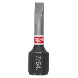 This image shows a Milwaukee brand screwdriver bit. It has a hexagonal base labeled "7/64" and a slotted tip. The upper part of the bit is metallic with a red and white band displaying the Milwaukee logo.