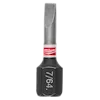 This image shows a Milwaukee brand screwdriver bit. It has a hexagonal base labeled "7/64" and a slotted tip. The upper part of the bit is metallic with a red and white band displaying the Milwaukee logo.