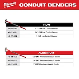 Milwaukee Conduit Benders: 1/2", 3/4", and 1" EMT iron and aluminum conduit benders with model numbers 48-22-4080 to 48-22-4082 and 48-22-4070 to 48-22-4072.