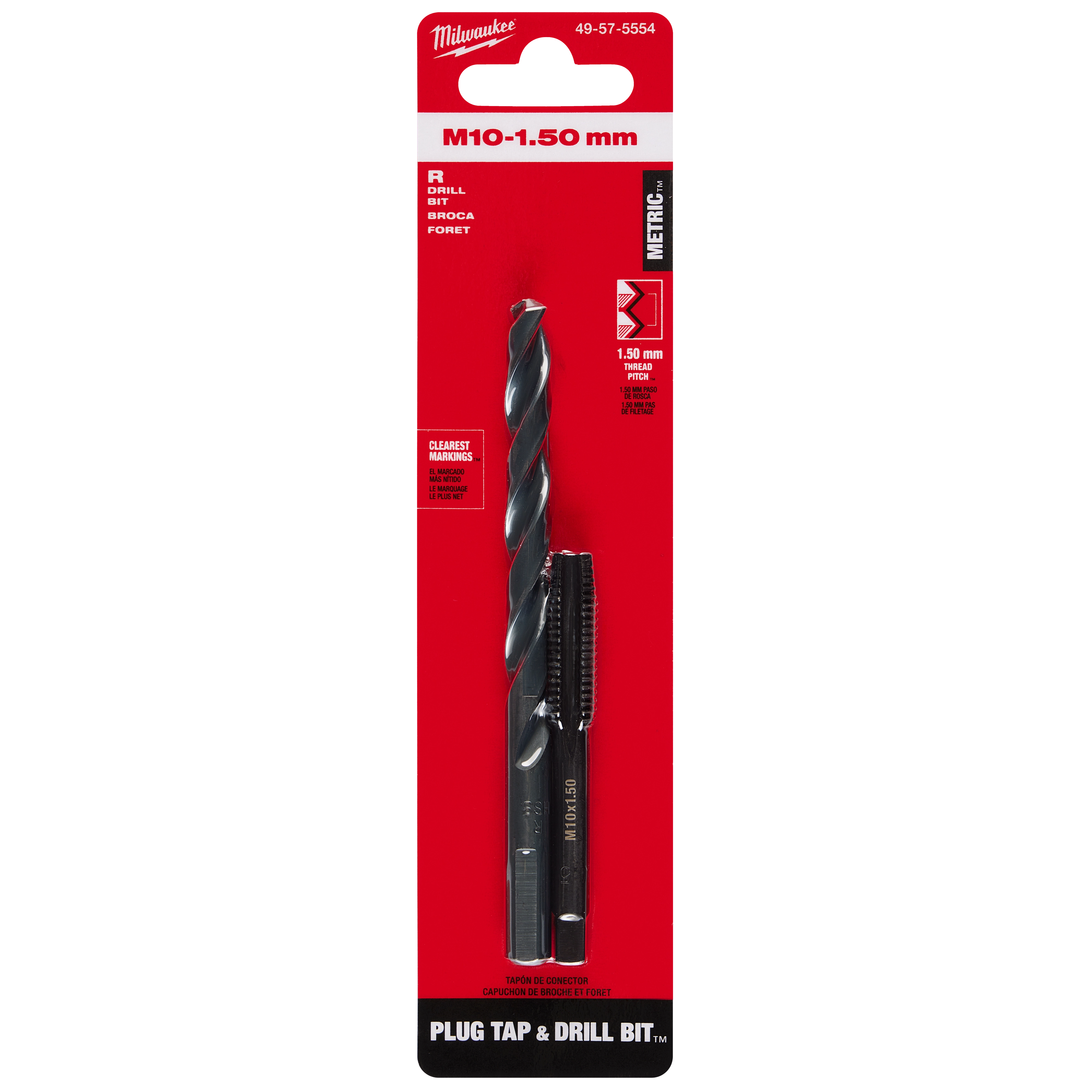 M10-1.50 mm Straight Flute Plug Tap & R Drill Bit in black with red and white packaging, suitable for metric threading.