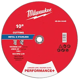 Red 10-inch Performance+ Metal Cut Off Wheel - Type 1. Suitable for cutting metal and stainless steel, thickness: 3/32", arbor: 5/8".