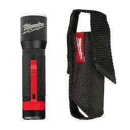 325L Focusing Flashlight With Holster, featuring a black and red flashlight with a textured grip, paired with a black fabric holster.