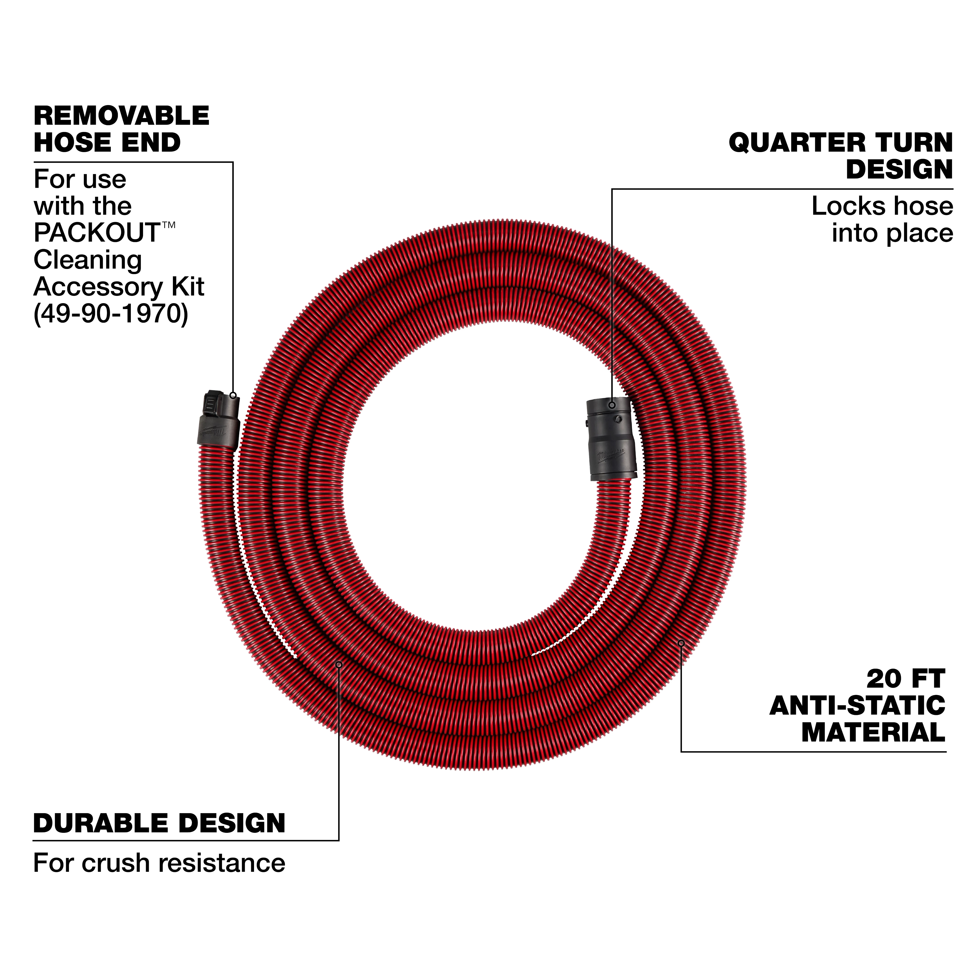 This image features a red, coiled vacuum hose, model 49-90-1971. It highlights a removable hose end, quarter turn design, 20 ft anti-static material, and durable, crush-resistant design for use with the PACKOUT Cleaning Accessory Kit (49-90-1970).