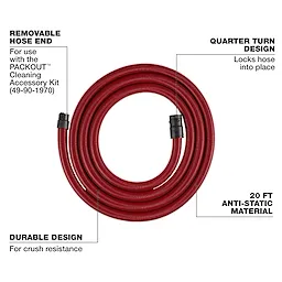 This image features a red, coiled vacuum hose, model 49-90-1971. It highlights a removable hose end, quarter turn design, 20 ft anti-static material, and durable, crush-resistant design for use with the PACKOUT Cleaning Accessory Kit (49-90-1970).