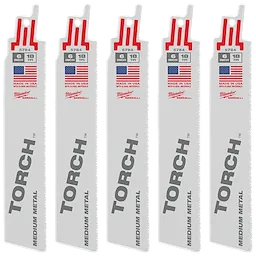Five 6-inch, 18 TPI The Torch™ SAWZALL® Blades are displayed in a vertical line. The blades are labeled "Medium Metal," sport red-cut notches at the top, and feature branding and American flags. The white blades are designed for cutting medium-density metal materials.