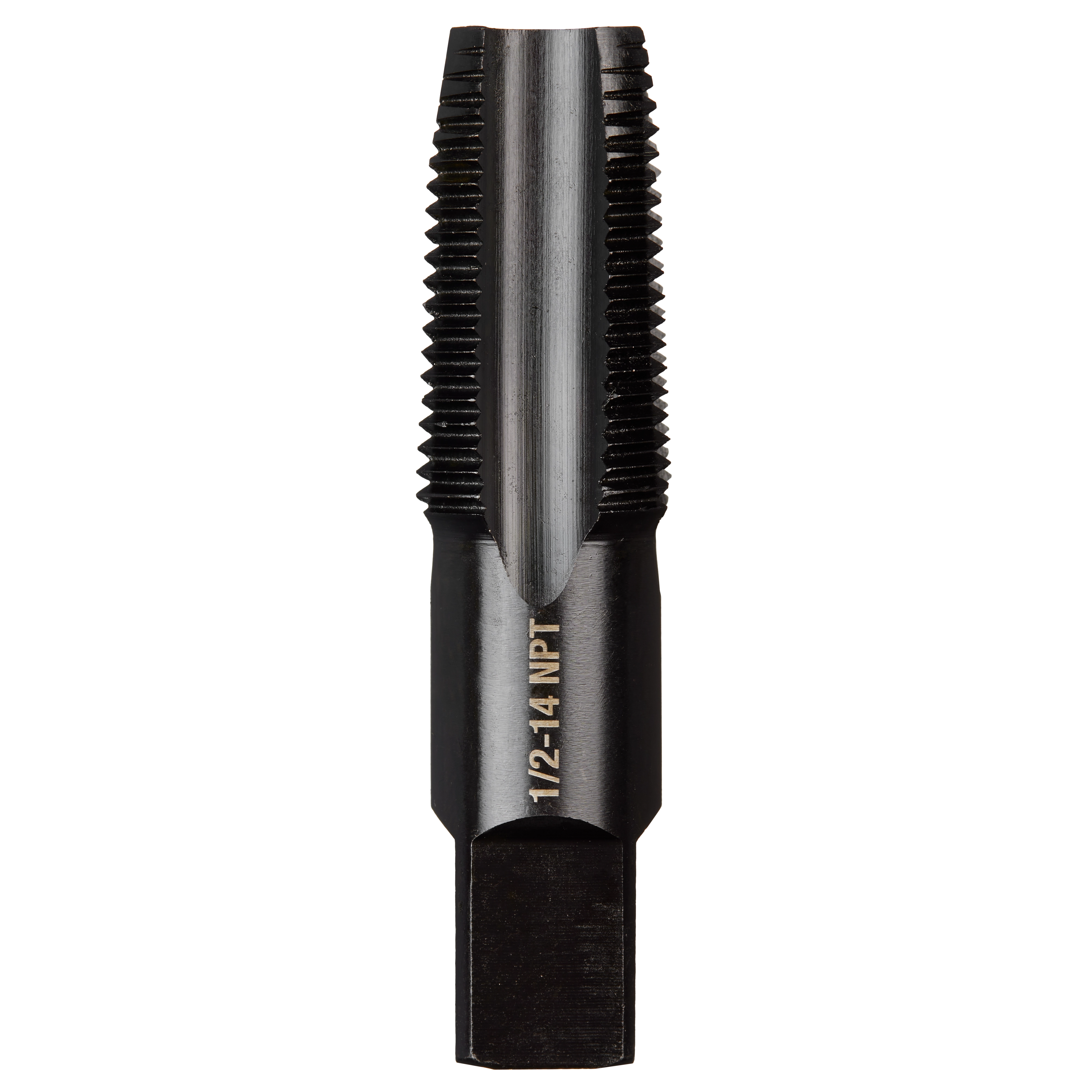 1/2"-14 NPT Straight Flute Taper Tap designed for cutting threads in pipes, cylindrical in shape with sharp, spiral flutes.