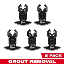 Five Milwaukee Open-Lok Diamond Max Diamond Grit Grout Removal Multi-Tool Blades are arranged in two rows with "5 Pack" text below.