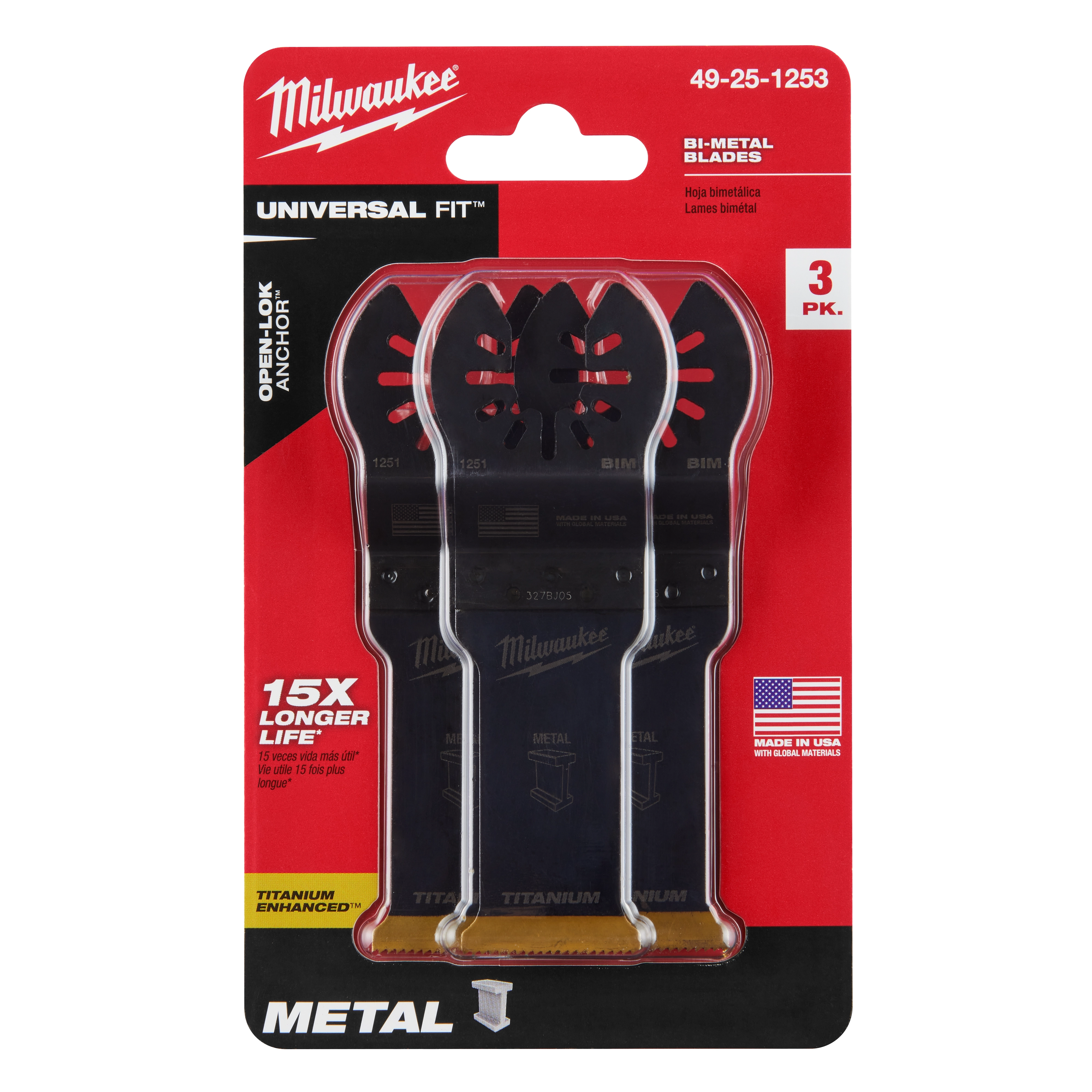 Milwaukee OPEN-LOK 1-1/8" Titanium Enhanced Bi-Metal Metal Blade 3PK, features universal fit, and promises 15x longer life.