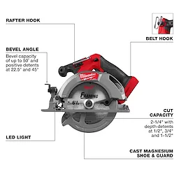 Walkaround image of the Mlwaukee M18 FUEL 6-1/2" Circular Saw highlighting its USPs