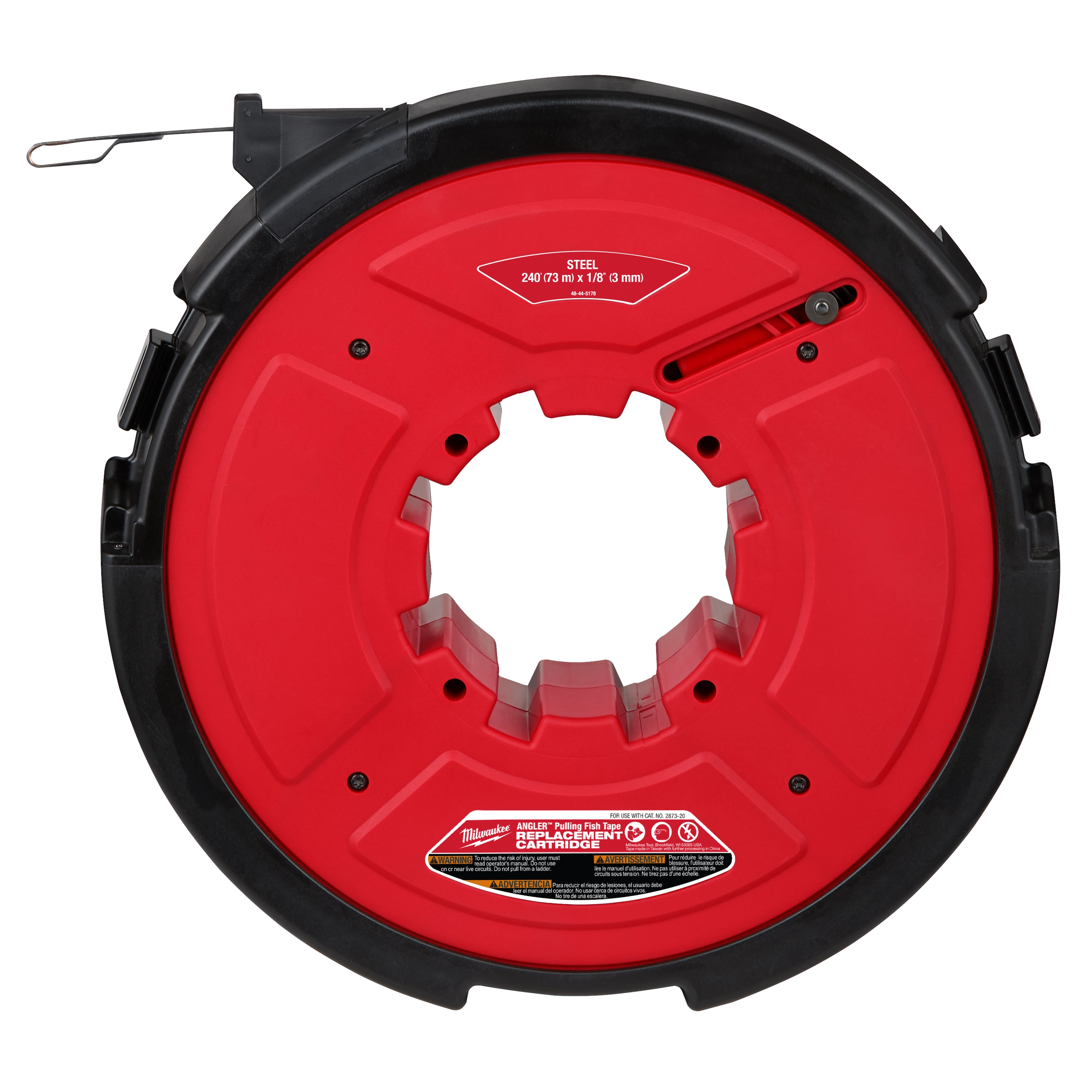 The M18 FUEL™ ANGLER™ 240' x 1/8" Steel Pulling Fish Tape Replacement Cartridge is a circular red and black tool used for routing cables through conduits. The cartridge contains a coiled steel tape and various labelings for specifications.