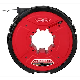 The M18 FUEL™ ANGLER™ 240' x 1/8" Steel Pulling Fish Tape Replacement Cartridge is a circular red and black tool used for routing cables through conduits. The cartridge contains a coiled steel tape and various labelings for specifications.