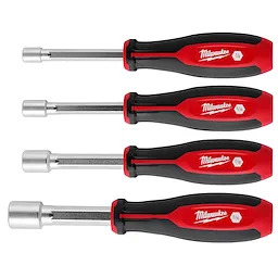 4pc SAE HollowCore Nut Driver Set with red and black handles in 1/4, 5/16, 7/16, and 9/16 inch sizes.