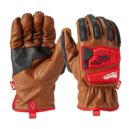 Impact Cut Level 3 Goatskin Leather Gloves feature brown leather with black grip pads, impact-resistant red knuckle guards, and adjustable wrist straps.
