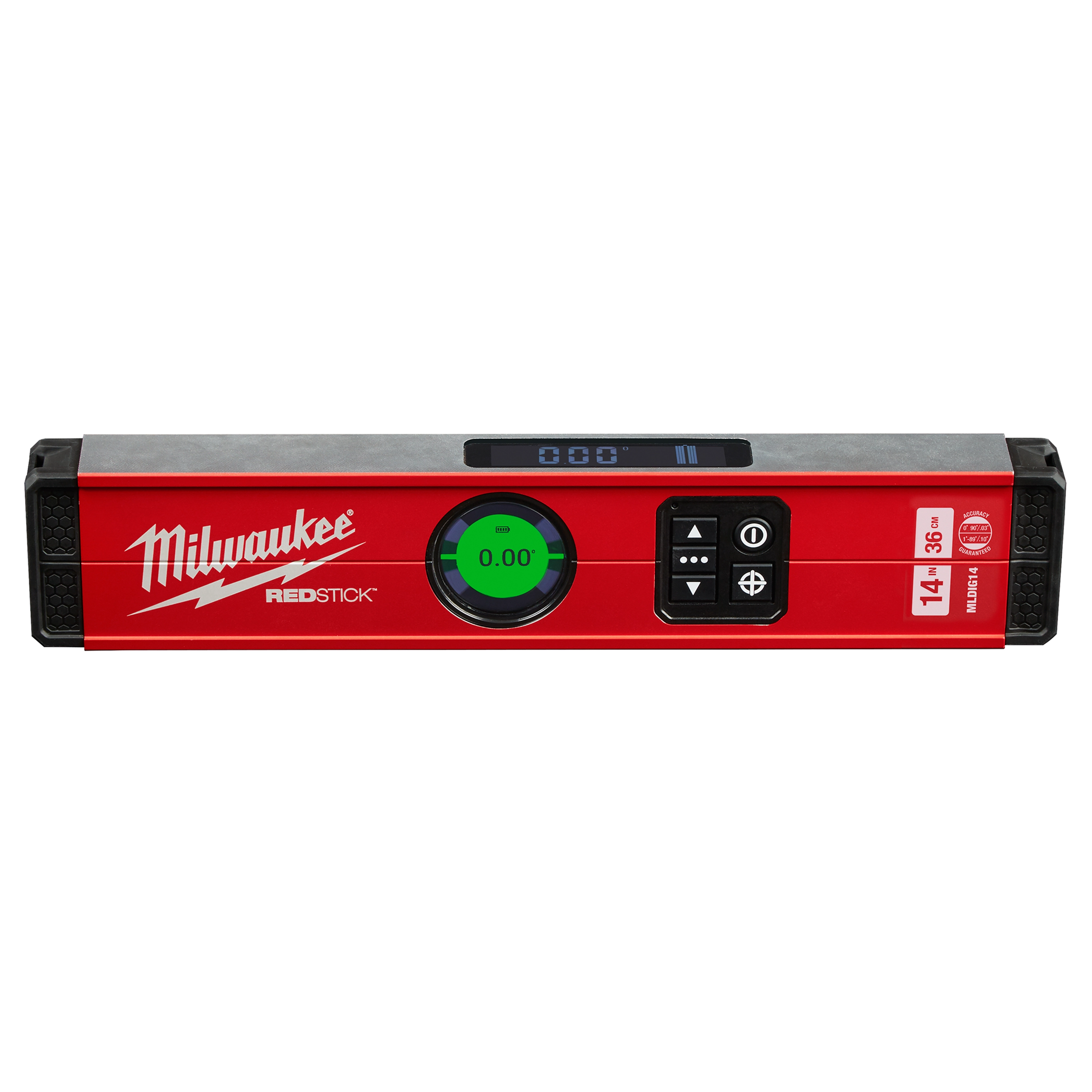 Milwaukee REDSTICK Digital Level with PINPOINT Measurement Technology, featuring a digital display and control buttons for precise leveling.