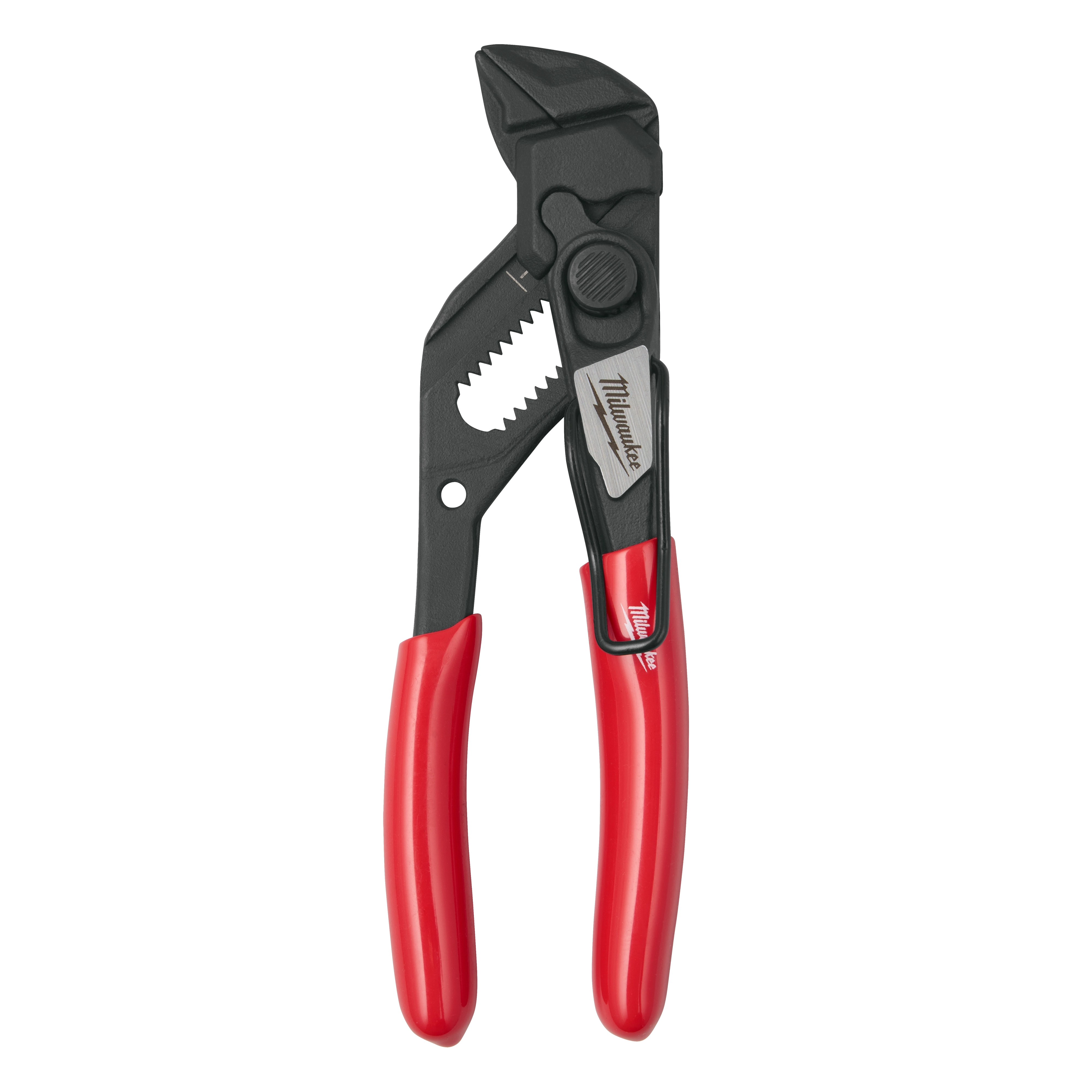 The 5" Pliers Wrench with Belt Clip features red and black handles, an adjustable jaw, and a compact design. The wrench has a built-in belt clip for easy access and storage.