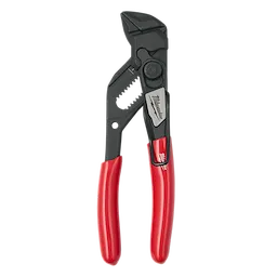 The 5" Pliers Wrench with Belt Clip features red and black handles, an adjustable jaw, and a compact design. The wrench has a built-in belt clip for easy access and storage.