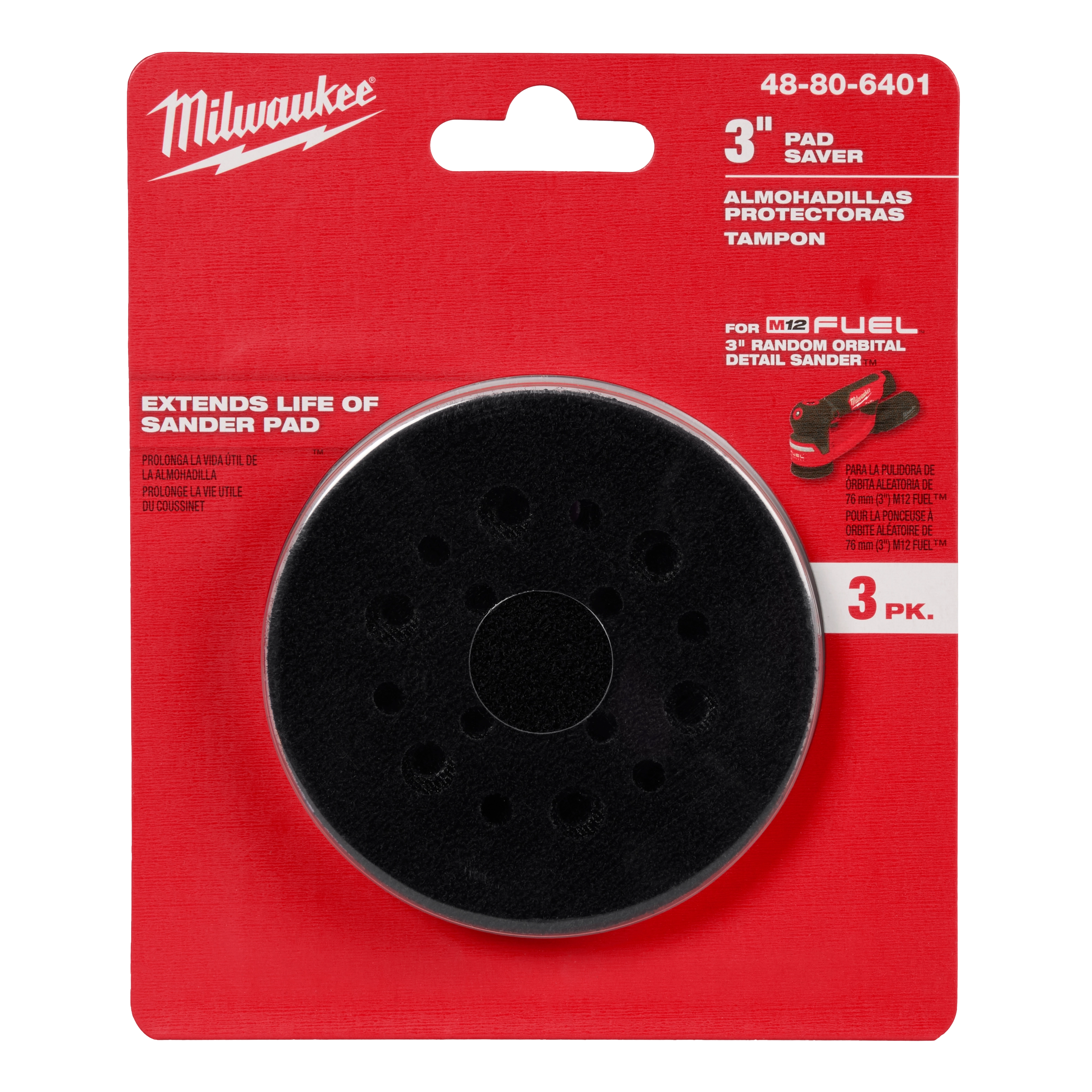 Milwaukee 3" Pad Saver for M12 Fuel 3" Random Orbital Detail Sander; extends sander pad life; package includes three pad savers.