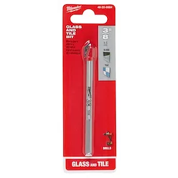 Glass and Tile Bit, 3/8". Silver drill bit in red packaging, suitable for glass, tile, marked with "9.5 mm." Compatible with drills.