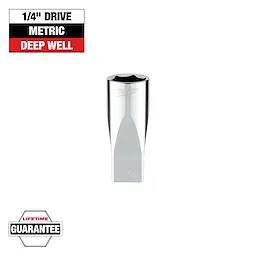 This image shows a 1/4" drive deep well metric socket from Milwaukee. The top left corner displays the text "1/4'' DRIVE," "METRIC," and "DEEP WELL." The bottom left corner features a "LIFETIME GUARANTEE" badge. The socket is chrome, with "15" engraved.