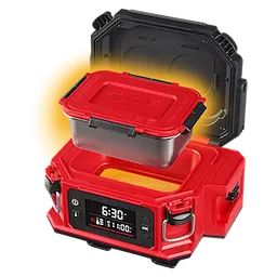 M18 Jobsite Lunch Warmer with open lid, digital display, and a food container glowing inside the main compartment.