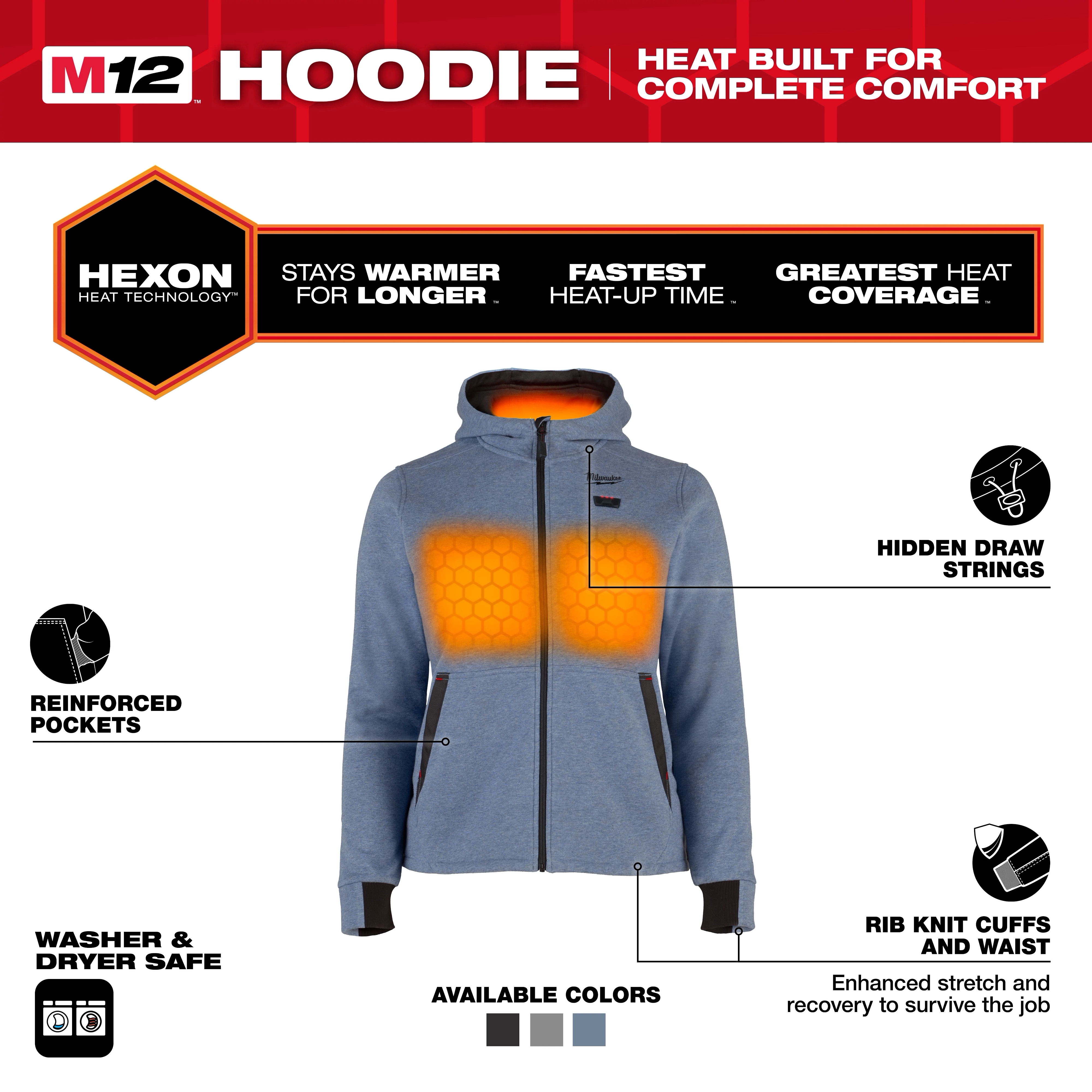 M12™ Heated Hoodie features HEXON heat technology providing warmth and rapid heat-up. The grey hoodie includes reinforced pockets, hidden drawstrings, rib knit cuffs, and waist for enhanced stretch. It’s washer and dryer safe, available in multiple colors, ensuring complete comfort and superior heat coverage.