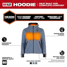 M12™ Heated Hoodie features HEXON heat technology providing warmth and rapid heat-up. The grey hoodie includes reinforced pockets, hidden drawstrings, rib knit cuffs, and waist for enhanced stretch. It’s washer and dryer safe, available in multiple colors, ensuring complete comfort and superior heat coverage.