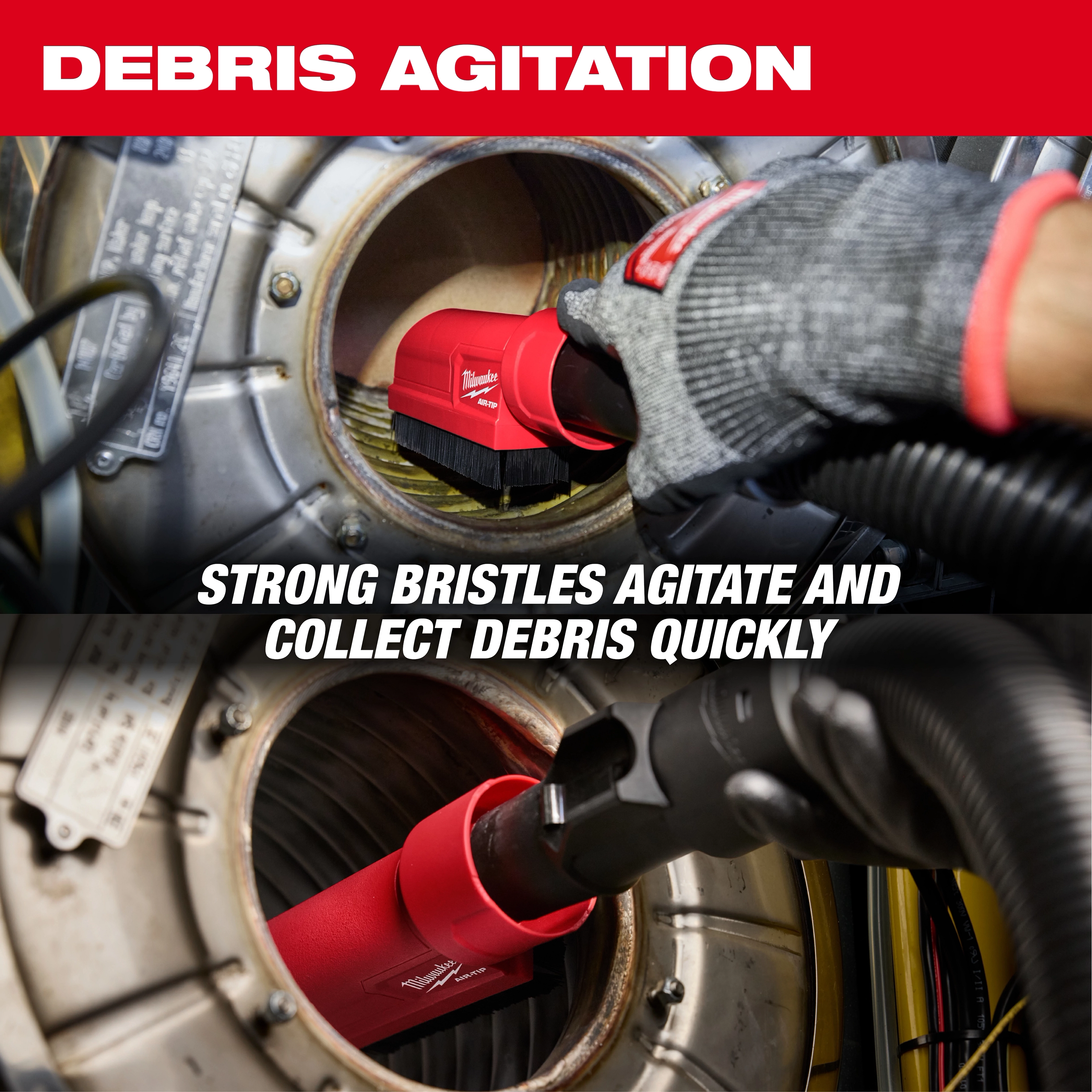 AIR-TIP Boiler Coil Cleaning Brush Tool being used to clean a metal coil. Text highlights strong bristles for quick debris collection.