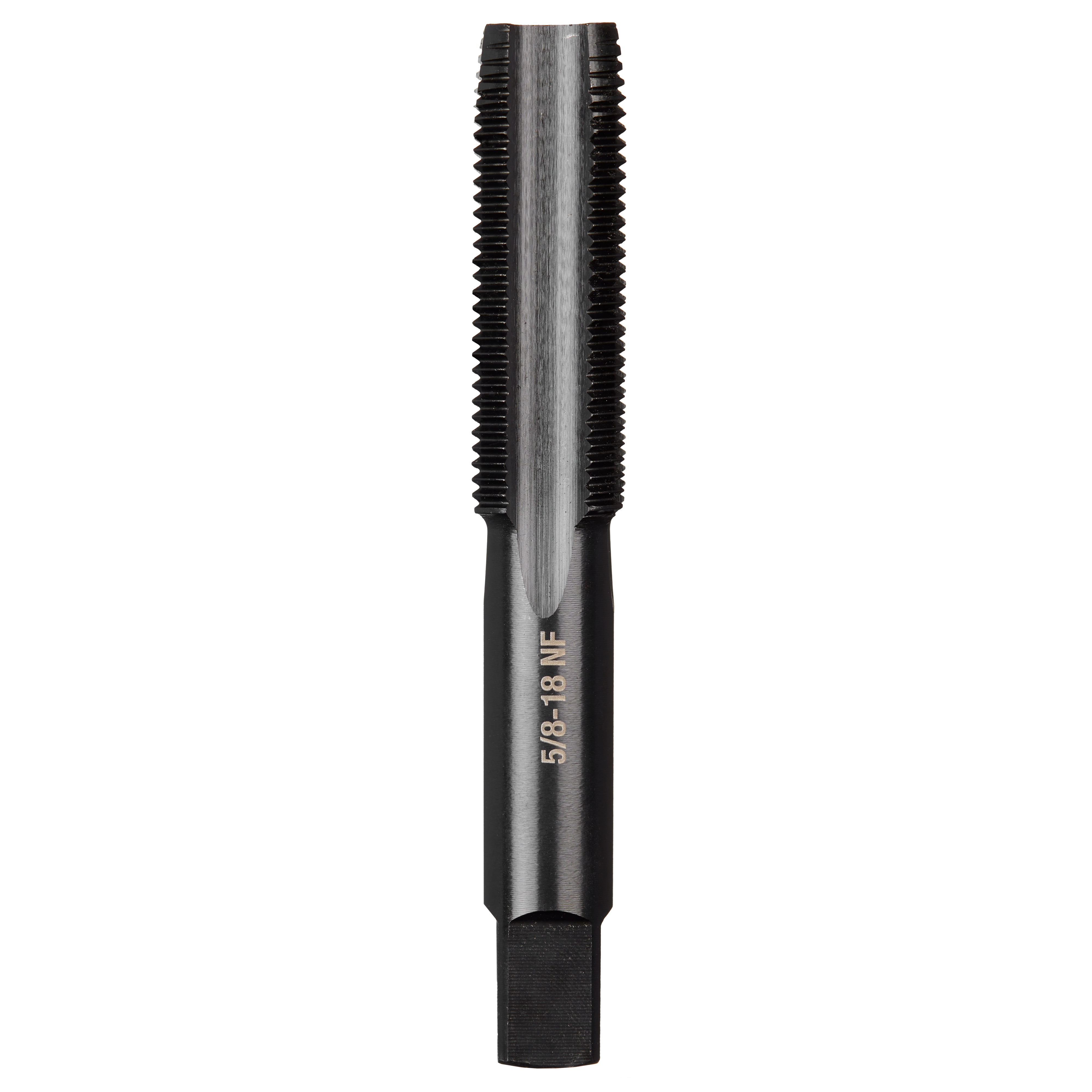 5/8"-18 NF Straight Flute Plug Tap, a black metal tool used for threading holes, with engraved specifications on the side.