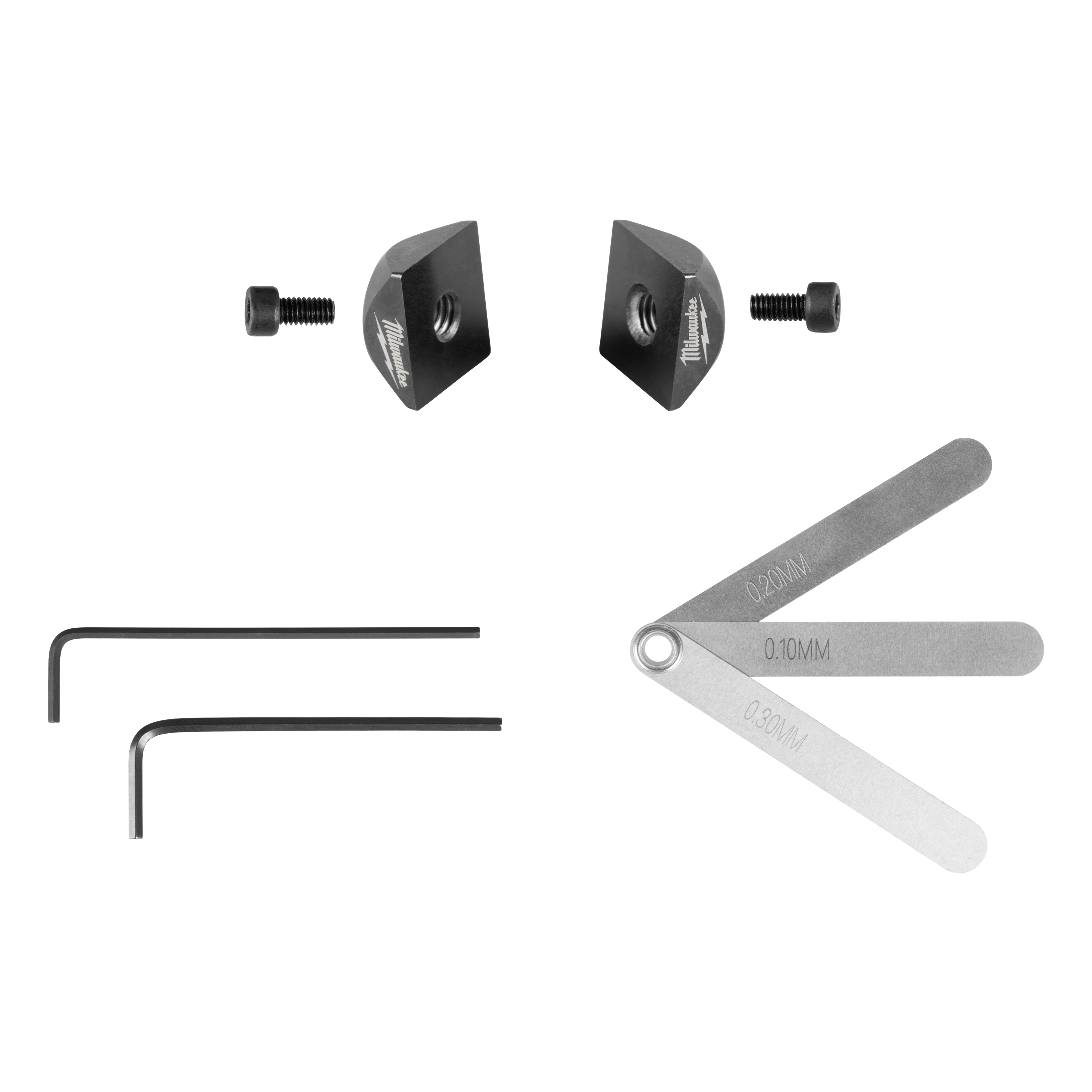 M12 FUEL 16 Gauge Scroll Shear Replacement Blade Set with two blades, two hex keys, and a metal gauge tool.