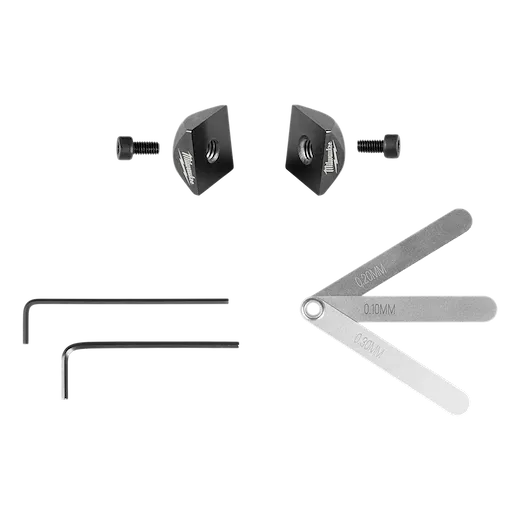 M12 FUEL 16 Gauge Scroll Shear Replacement Blade Set with two blades, two hex keys, and a metal gauge tool.