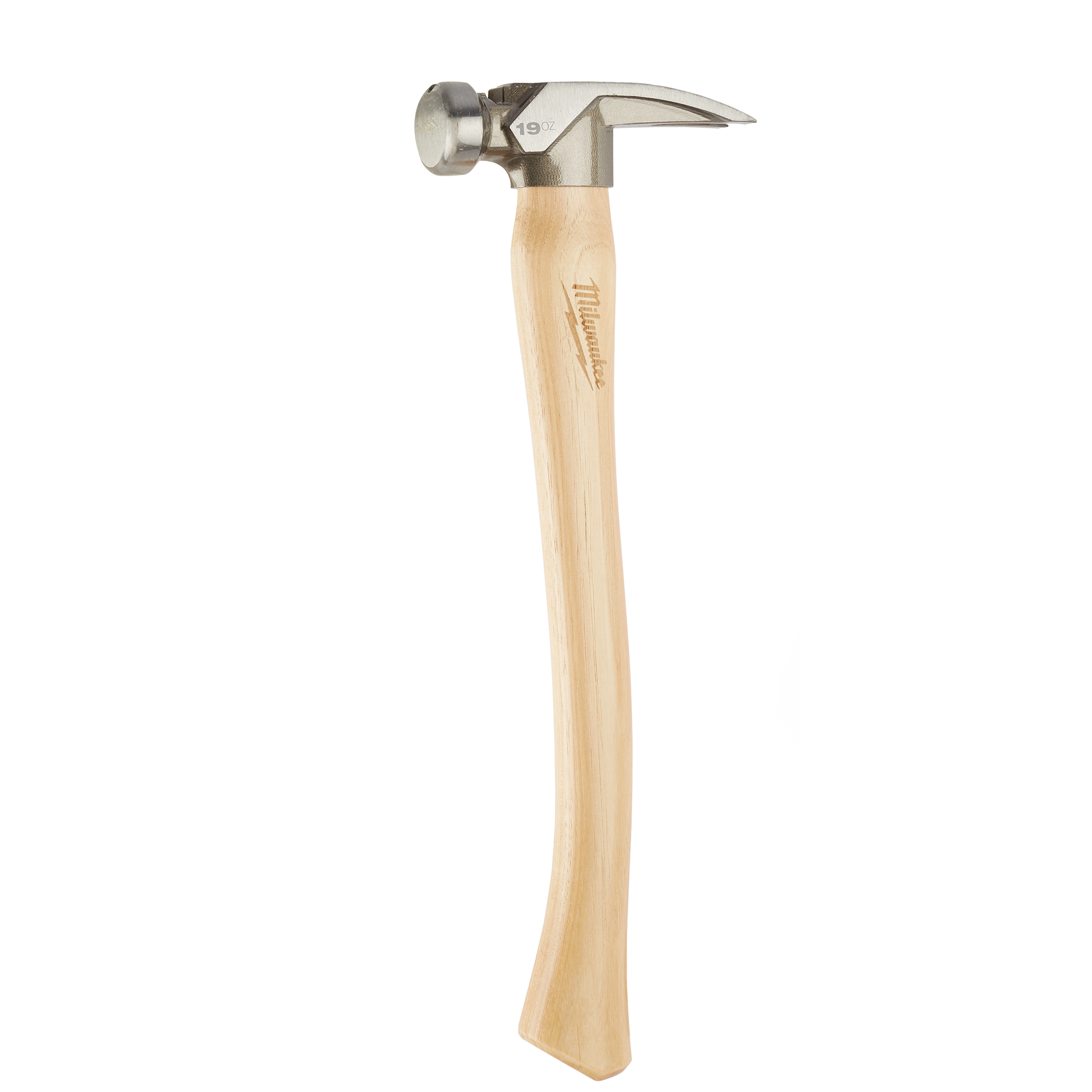 19oz Smooth Face Hickory Hammer features a smooth metal head and curved wooden handle with a manufacturer's logo engraved on the side.