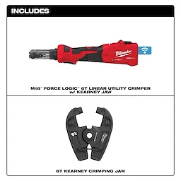 The M18™ FORCE LOGIC™ 12T Kearney Crimper kit includes a red, black, and gray crimper with a blue wireless connectivity symbol, and a separate 6T Kearney crimping jaw. The crimper features an ergonomic design for utility applications.