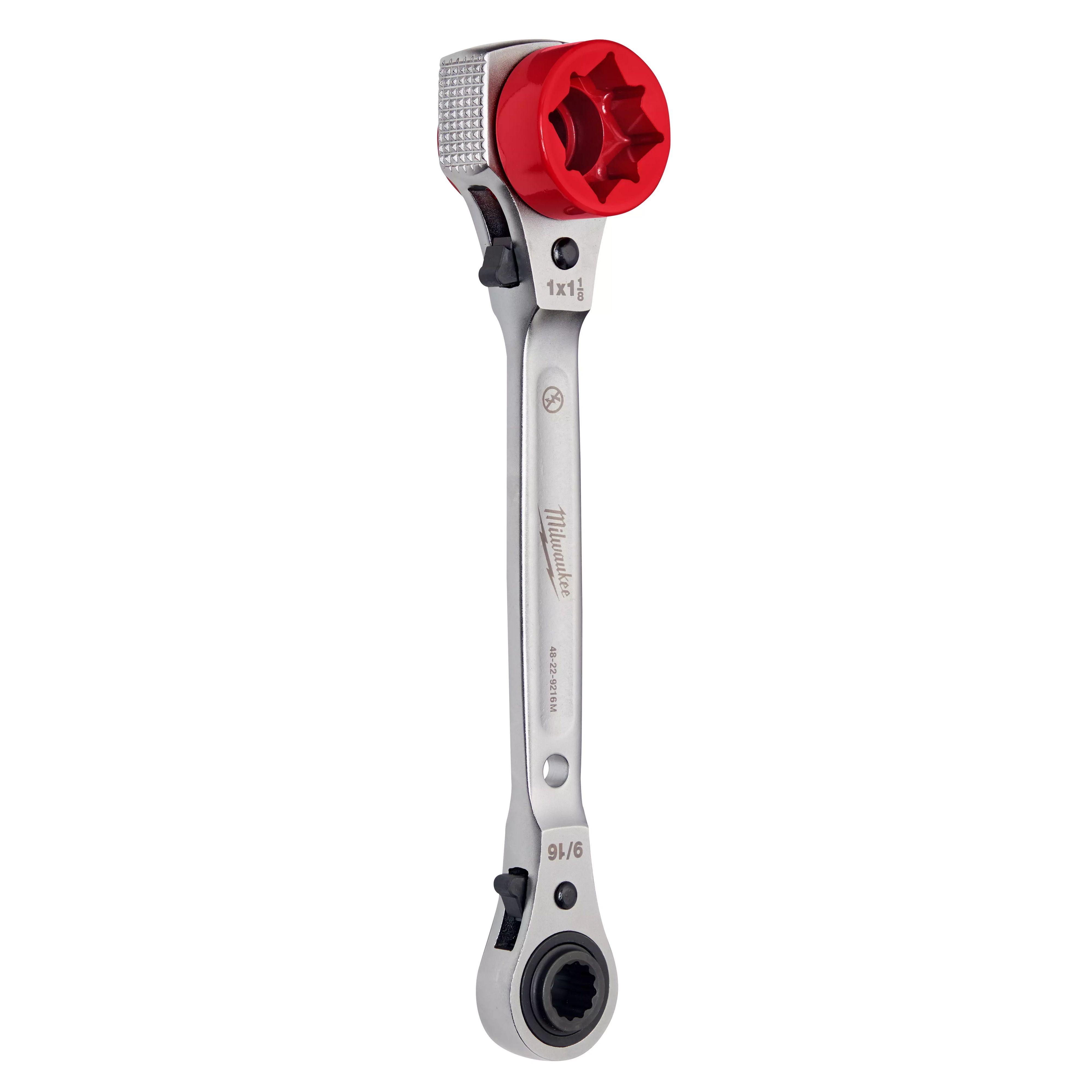 Lineman's 5-IN-1 Ratcheting Wrench with Milled Strike Face includes red socket, textured strike face, and dual ratcheting mechanisms.