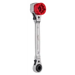 Lineman's 5-IN-1 Ratcheting Wrench with Milled Strike Face includes red socket, textured strike face, and dual ratcheting mechanisms.