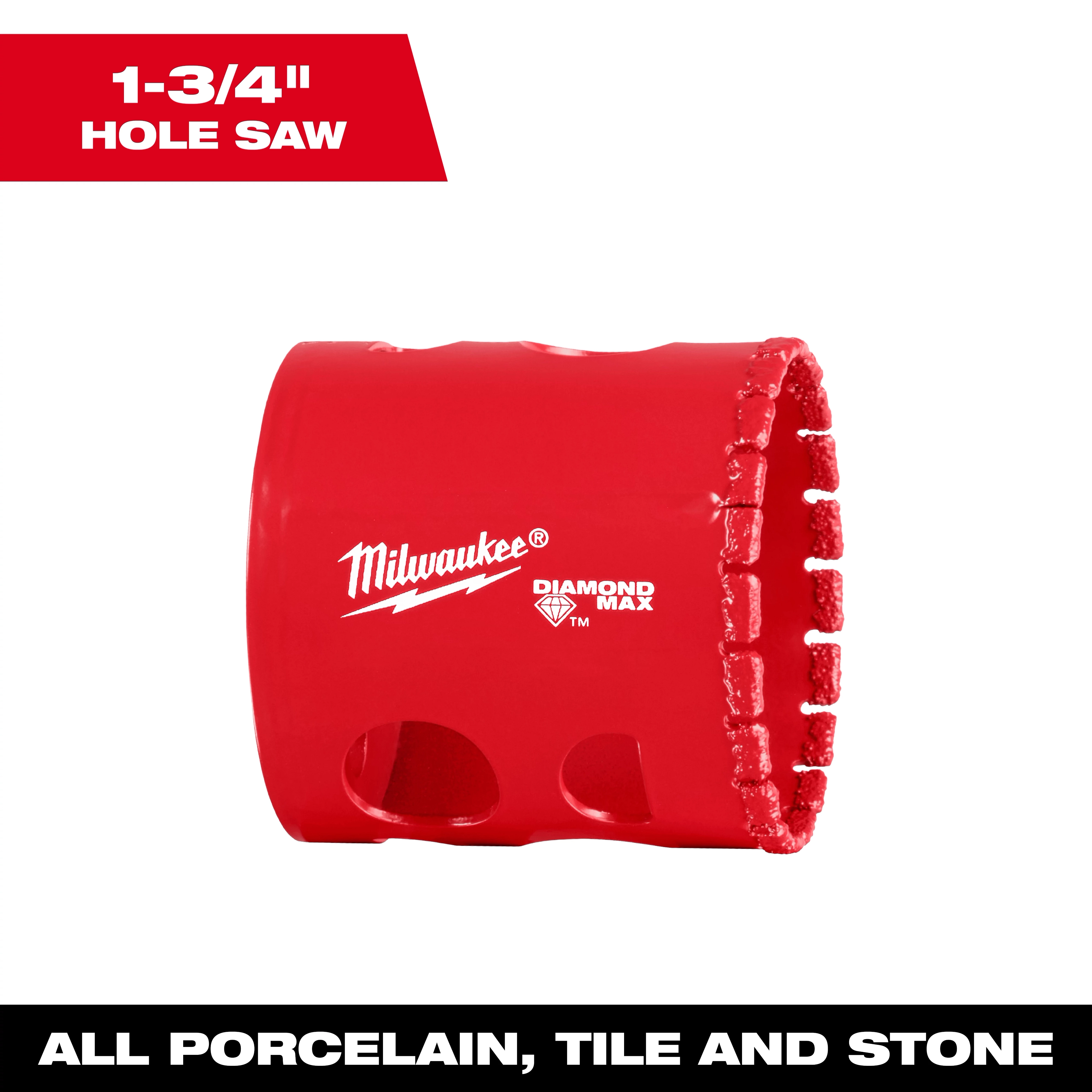 Red Milwaukee 1-3/4" DIAMOND MAX Hole Saw, designed for cutting through porcelain, tile, and stone materials.