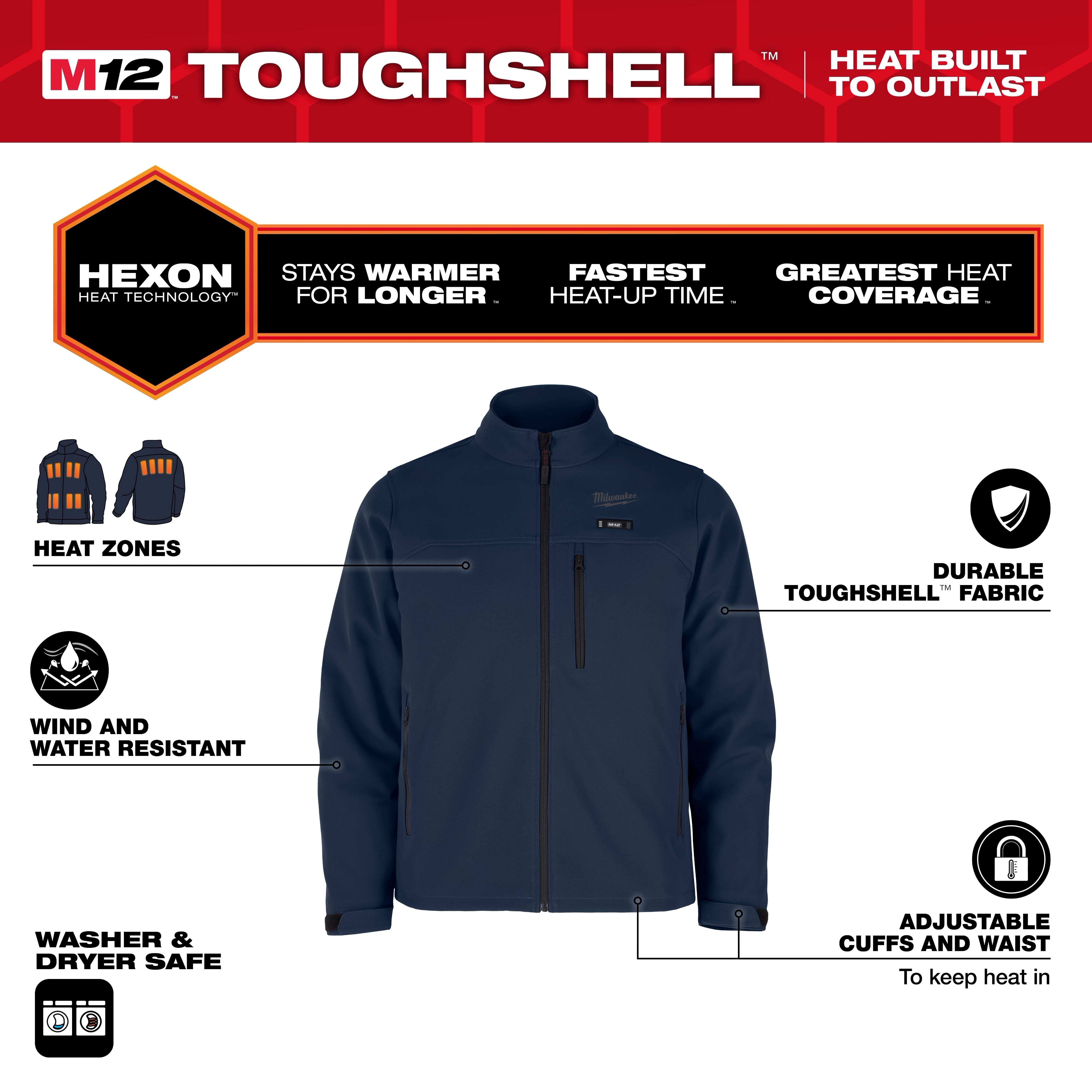 M12 Heated TOUGHSHELL Jacket features Hexon heat technology, wind and water resistance, adjustable cuffs, and is washer and dryer safe.