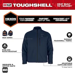 M12 Heated TOUGHSHELL Jacket features Hexon heat technology, wind and water resistance, adjustable cuffs, and is washer and dryer safe.