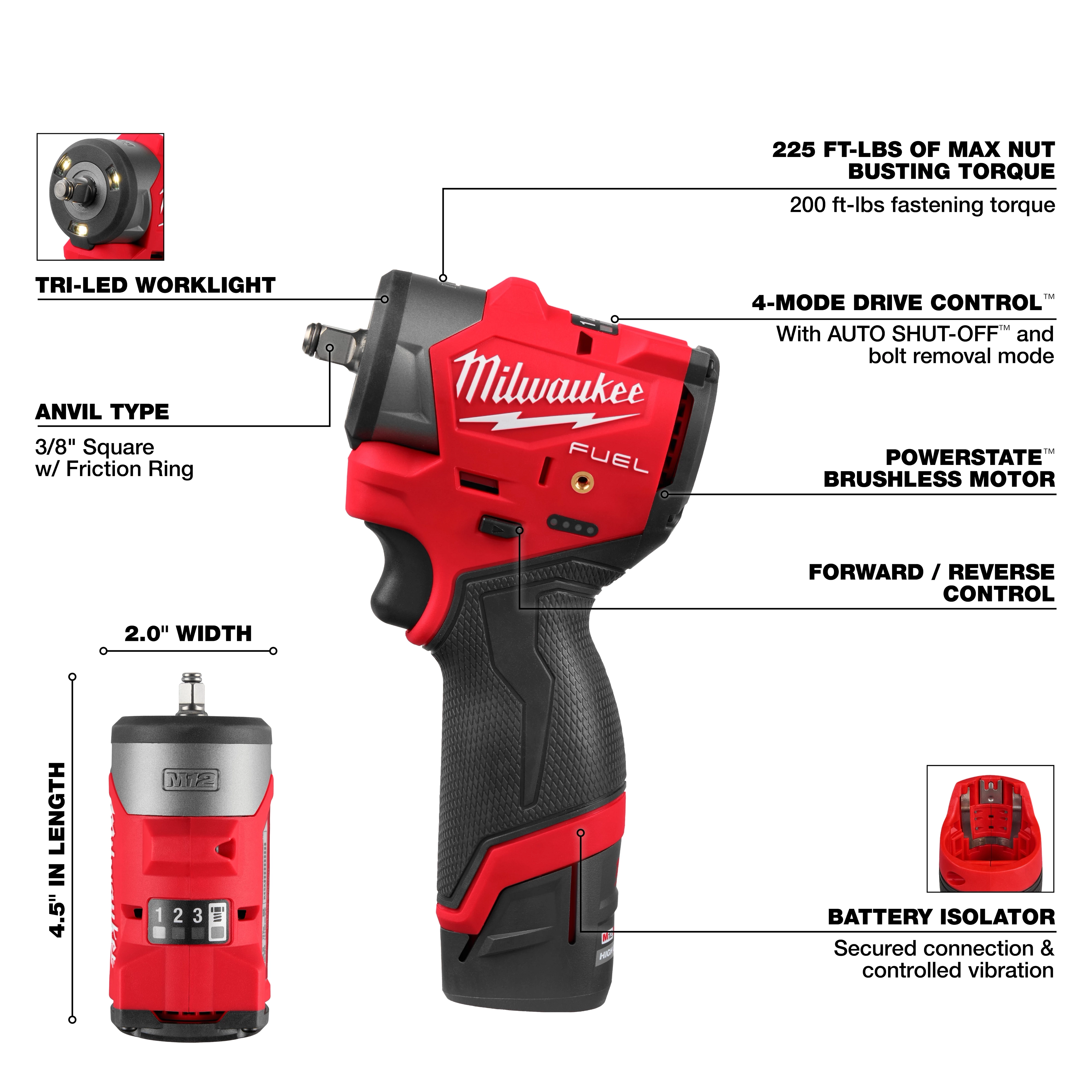 The Milwaukee M12 FUEL™ 3/8" Subcompact Impact Wrench w/ Friction Ring features a tri-LED worklight, offers 225 ft-lbs of max nut-busting torque, and has a 4-mode drive control. It includes a Powerstate™ brushless motor, forward/reverse control, and a battery isolator for secure connection and reduced vibration.